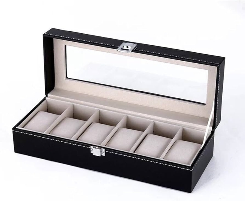 Black Watch Box Six Slots Glass Lid Contrast Stitching Watch Storage