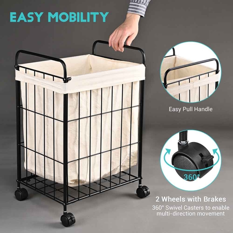 Black Wire Hamper, Rolling Frame, Locking Wheels, Cream Canvas Liner