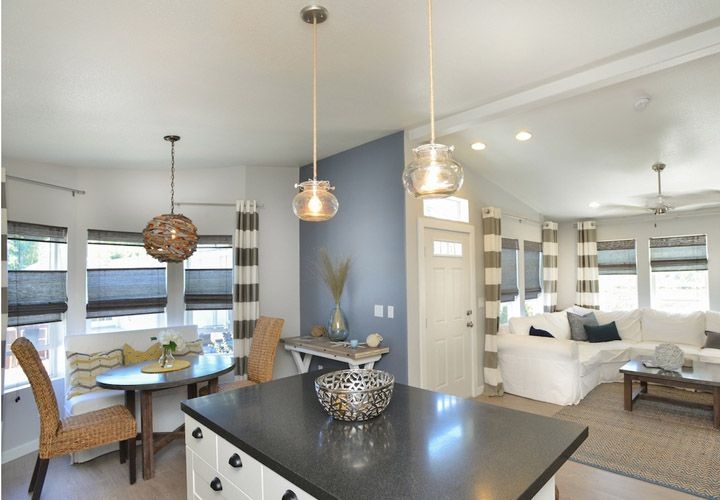 Blue Accent Wall in Living Room: Coastal Farmhouse Decor & Rope Pendants