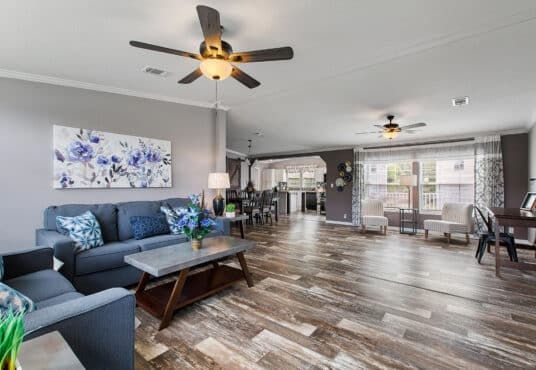 Blue and Gray Living Room Decor featuring High Variation Wood Flooring.