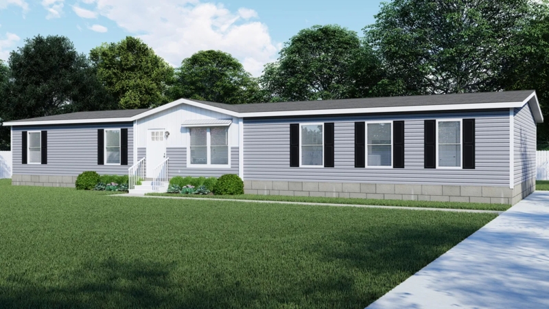 Blue-Grey Manufactured Home with Stone-Look Skirting
