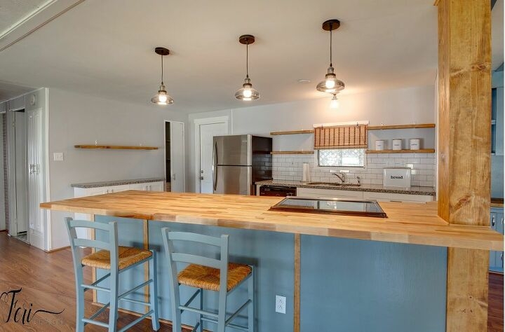 Blue Kitchen Island with Butcher Block Top & Floating Shelves
