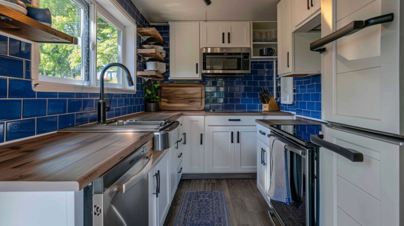 Blue Subway Tile Kitchen Backsplash: Galley Layout with Butcher Block