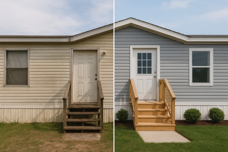Blue Vinyl Siding Before After on Mobile Home Exterior Renovation