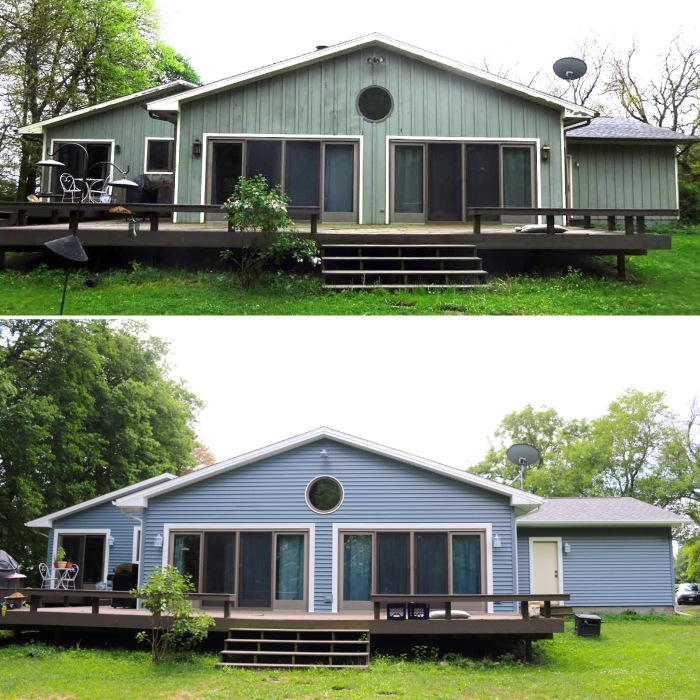Blue Vinyl Siding Makeover with White Trim & Porthole Window