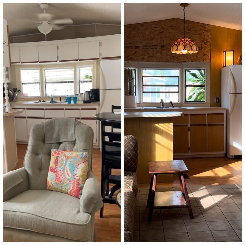 Bohemian Rustic Mobile Home Kitchen: Wood Cabinets & Tiffany Pendant
