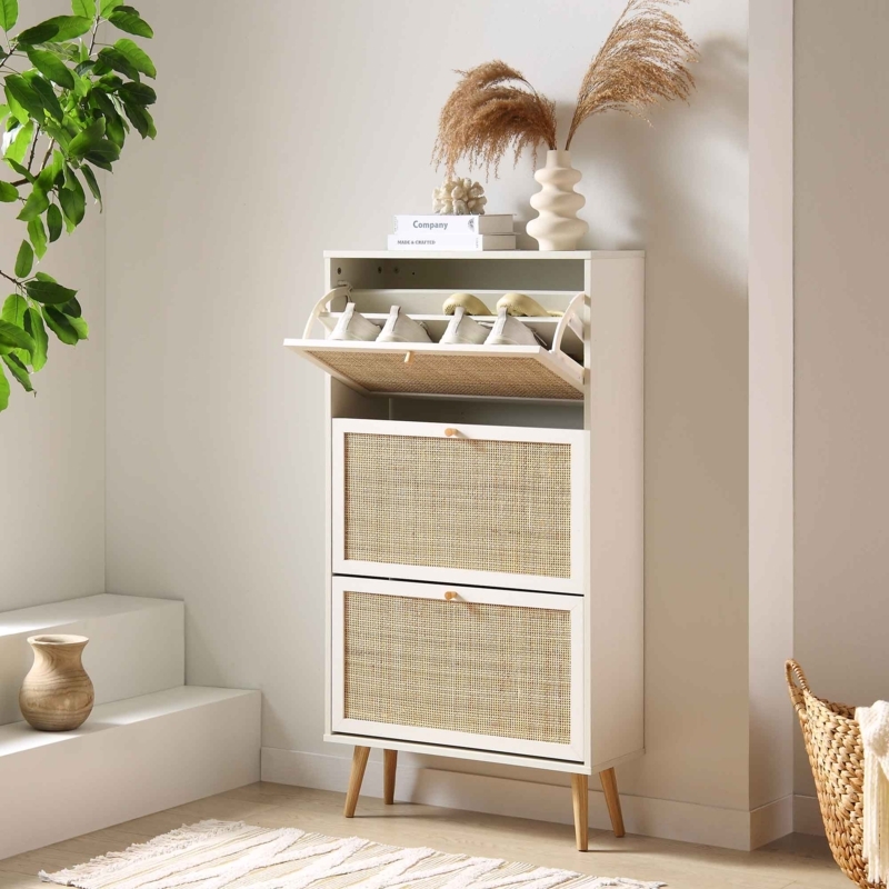 Boho Shoe Cabinet Rattan Cane Door Panels Three Tier