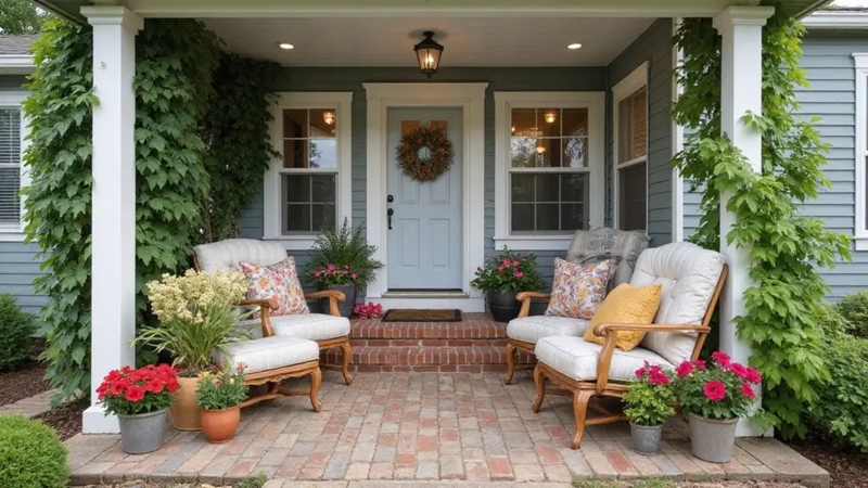 Brick Patio Porch: Climbing Vines, Upholstered Outdoor Seating Layout