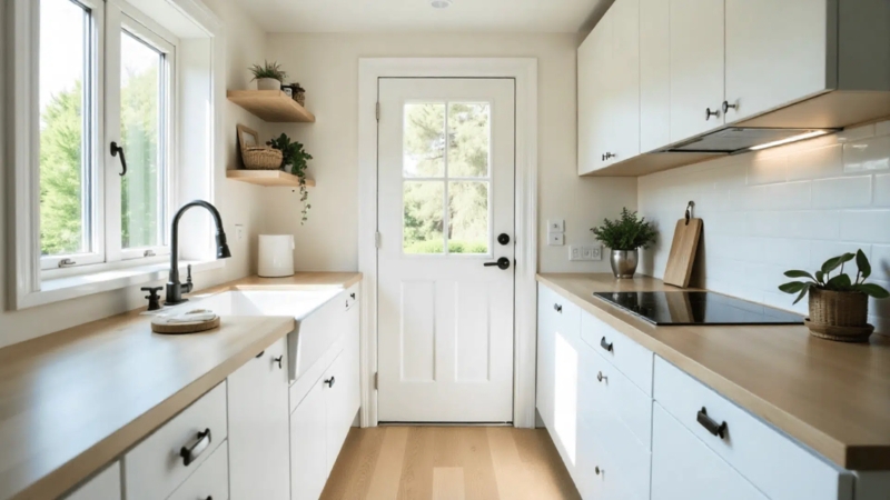 Bright Galley Kitchen Layout with Butcher Block Countertop and Sink