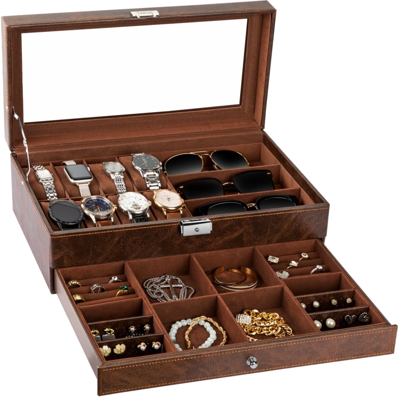 Brown Leather-Like Jewelry Box with Sunglass Storage