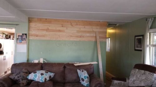 Brown Sectional Sofa near DIY Shiplap Accent Wall Idea in Living Room