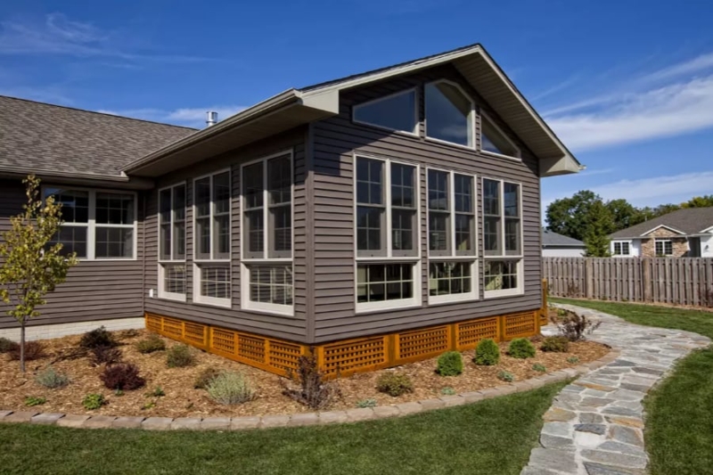 Brown Sunroom Addition: Clerestory Windows & Lattice Skirting Details