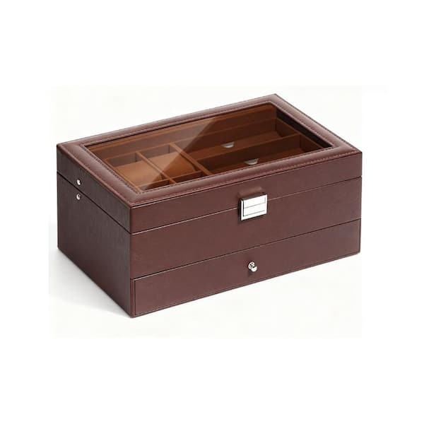 Brown Vintage Style Jewelry Box Glass Top Accessory Storage Case Drawer