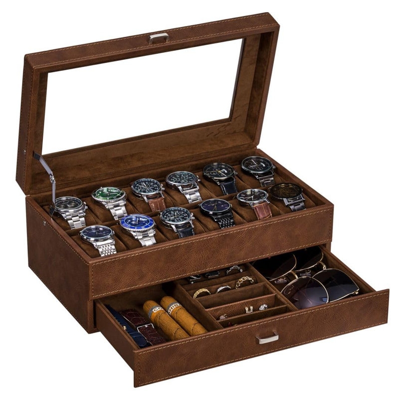 Brown Watch Box Glass Top Integrated Jewelry Drawer Ring Rolls Two-Tier
