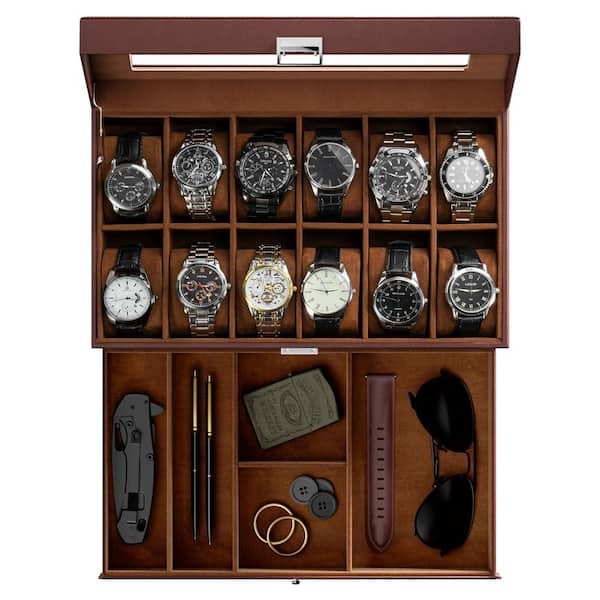 Brown Watch Box Twelve Slots Glass Lid Organized Everyday Carry Storage