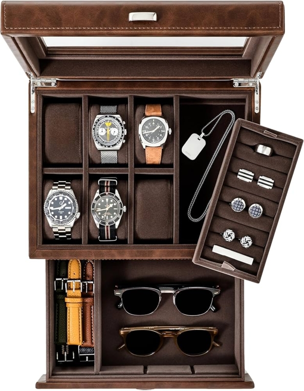 Brown Watch Box with White Contrast Stitching
