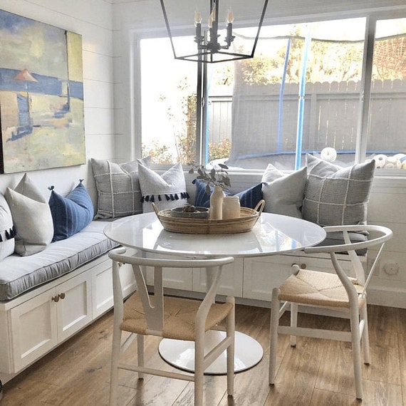 Built-in Banquette Coastal Cottage Dining Nook Shiplap with Grey Cushion