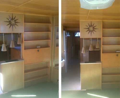 Built-In Wood Shelving with Starburst Clock and Perforated Pendants