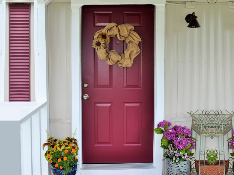 Burgundy Six-Panel Exterior Door: Burlap Sunflower Wreath Accent