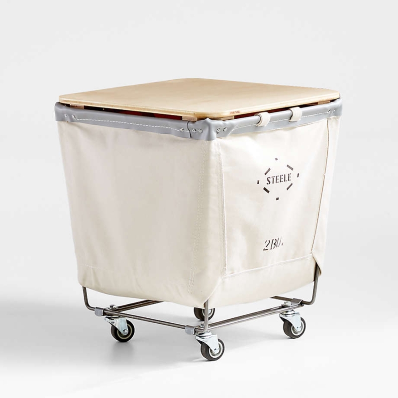 Canvas Laundry Bin Square Wood Lid Swivel Casters Industrial