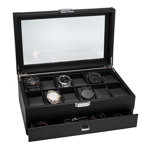 Carbon Fiber Texture Watch Box with Metal Clasp