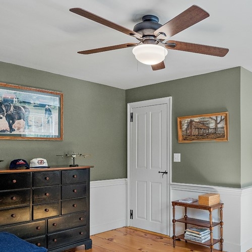 Ceiling Fan: Dark Wood Five Blade Design in Sage Green Bedroom