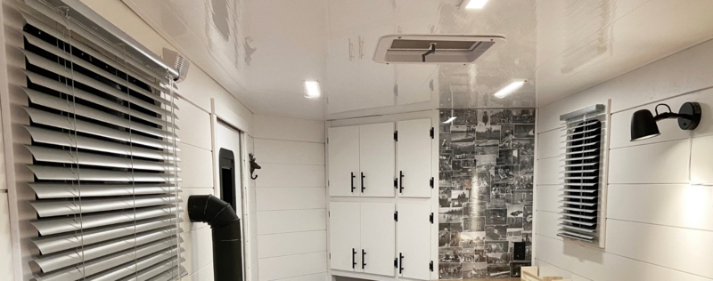 Ceiling Panels: High Gloss Reflective Finish with Shiplap Walls