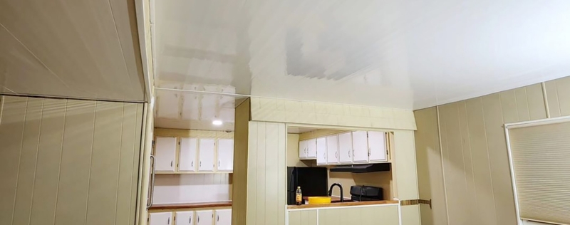Ceiling Panels: Reflective White PVC Planks in Mobile Home Kitchen