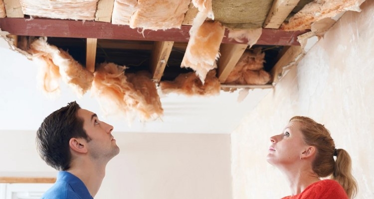 Ceiling Repair Scene: Exposed Wood Joists and Pink Fiberglass Insulation