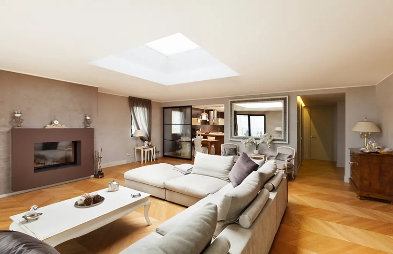 Central Square Skylight: Neutral Living Room, Herringbone Floor