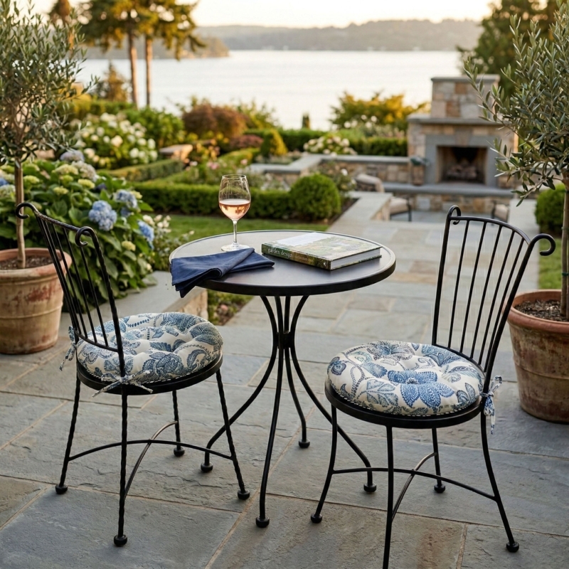 Chair Cushion: French Country Blue and White Floral Round Pads