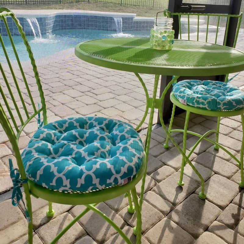 Chair Cushion Round Aqua Quatrefoil Pattern Coastal Bistro Decor Ties