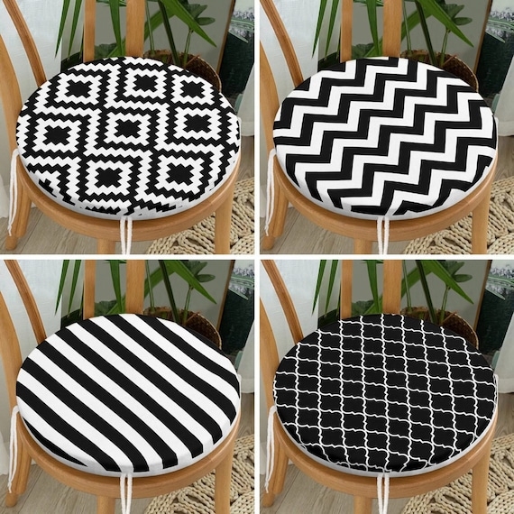 Chair Cushion Round Black White Geometric Pattern Graphic Tie Fasteners