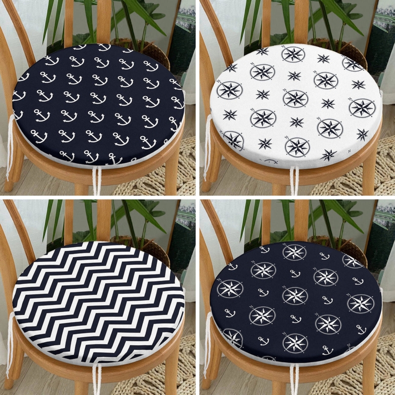 Chair Cushion Round Nautical Motif Navy Anchor Print Coastal Ties