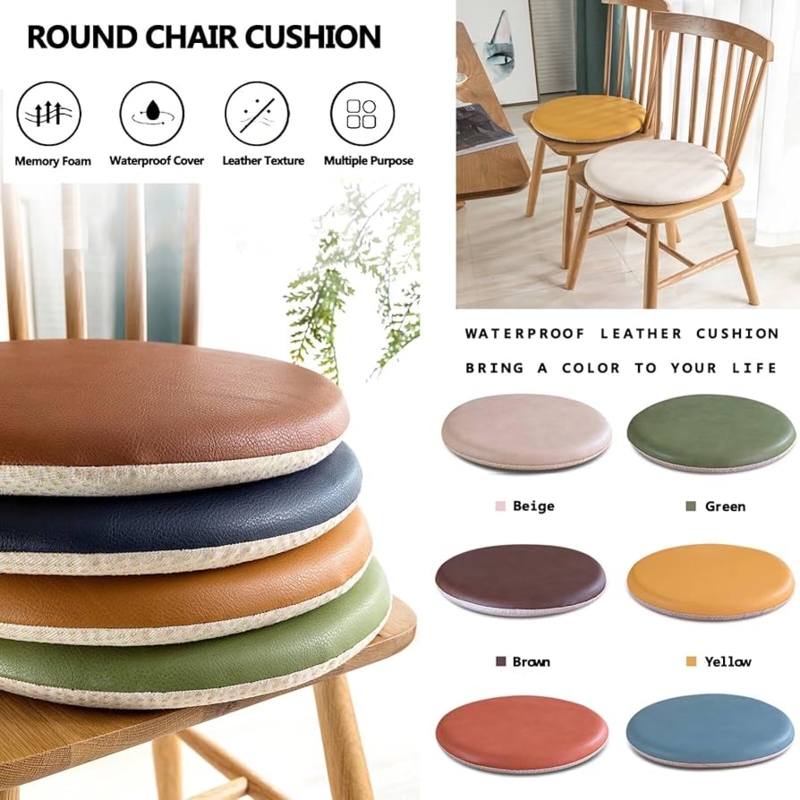 Chair Cushion Round Waterproof Leather Like Memory Foam Seat Pad