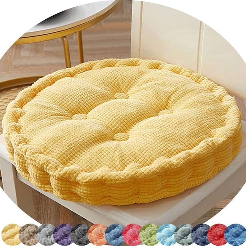 Chair Cushion Round Yellow Waffle Weave Thick Tufted Piped Edge