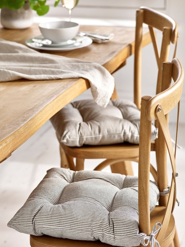 Chair Cushion Set of 2 Grey Pinstripe Tufted Pads with Ties