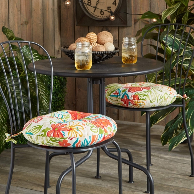 Chair Cushion: Tropical Floral Tufted Round Outdoor Pads with Ties
