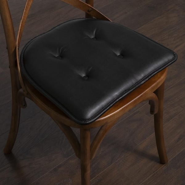 Chair Cushion Tufted Leather Look Black U-Shaped Profile Stitched