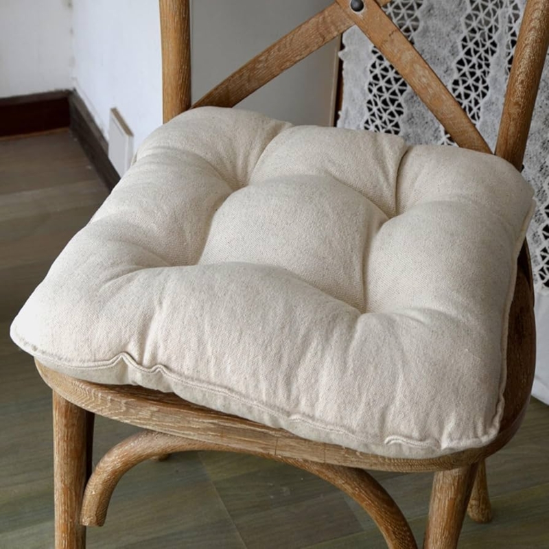 Chair Pad Linen-Like Cream Tufted Thick Profile Rustic Farmhouse