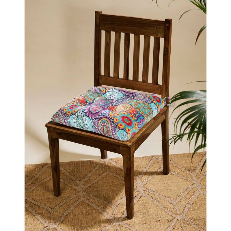 Chair Pad Mandala Pattern Bohemian Tufted Multi-Color Fabric Ties