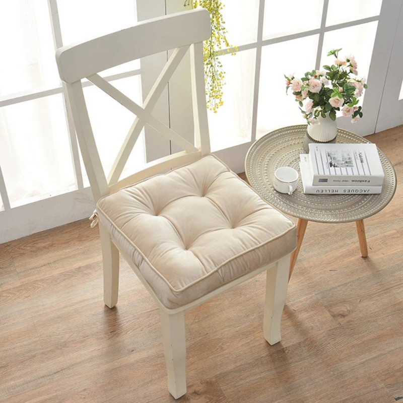 Chair Pad Plush Tufted Cushion Beige with Ties Farmhouse Style