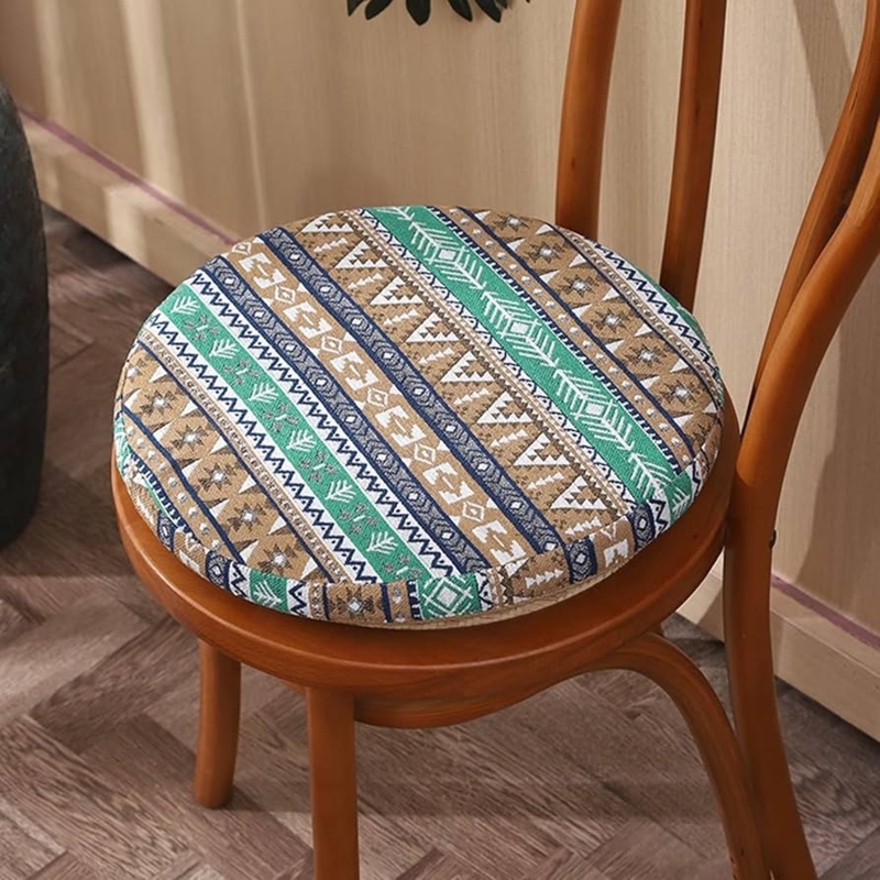 Chair Pad Round Geometric Tribal Print Teal Accents Eclectic Thick