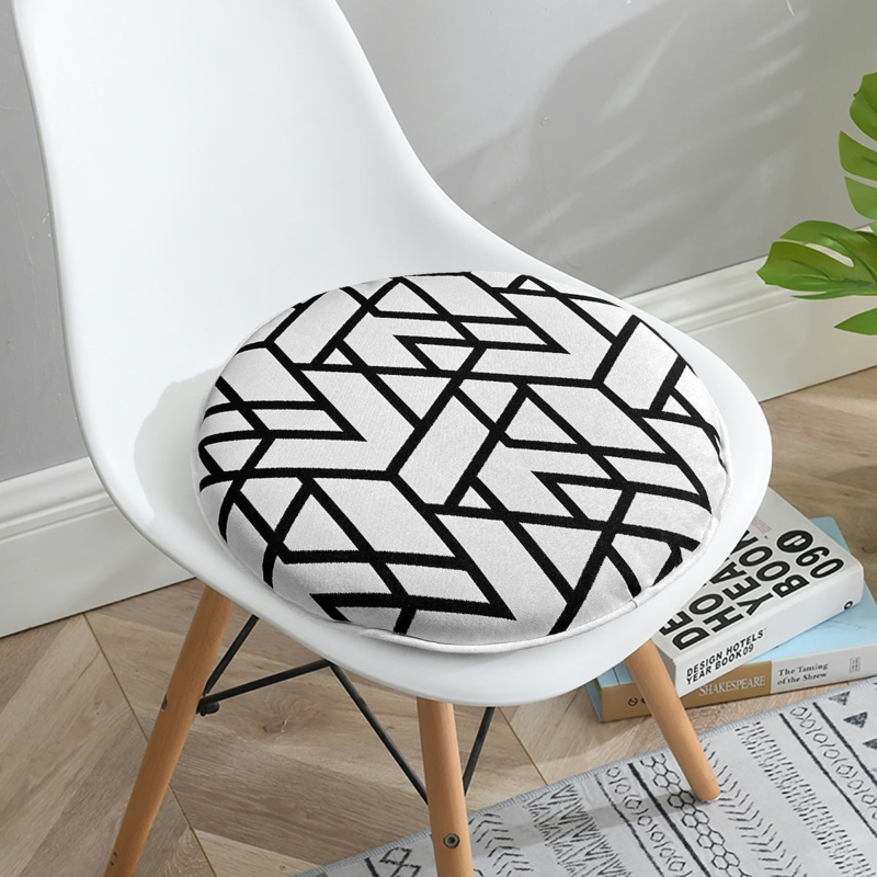 Chair Pad Round Monochrome Black White Geometric Line Pattern Piped