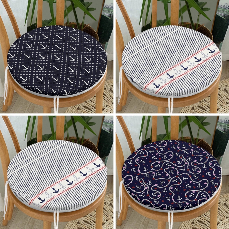 Chair Pad Round Navy Striped Pattern Nautical Anchor Print Coastal