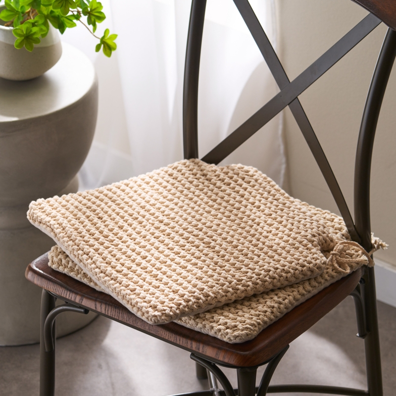 Chair Pad Woven Texture Beige Chunky Knit Tie-Backs Neutral