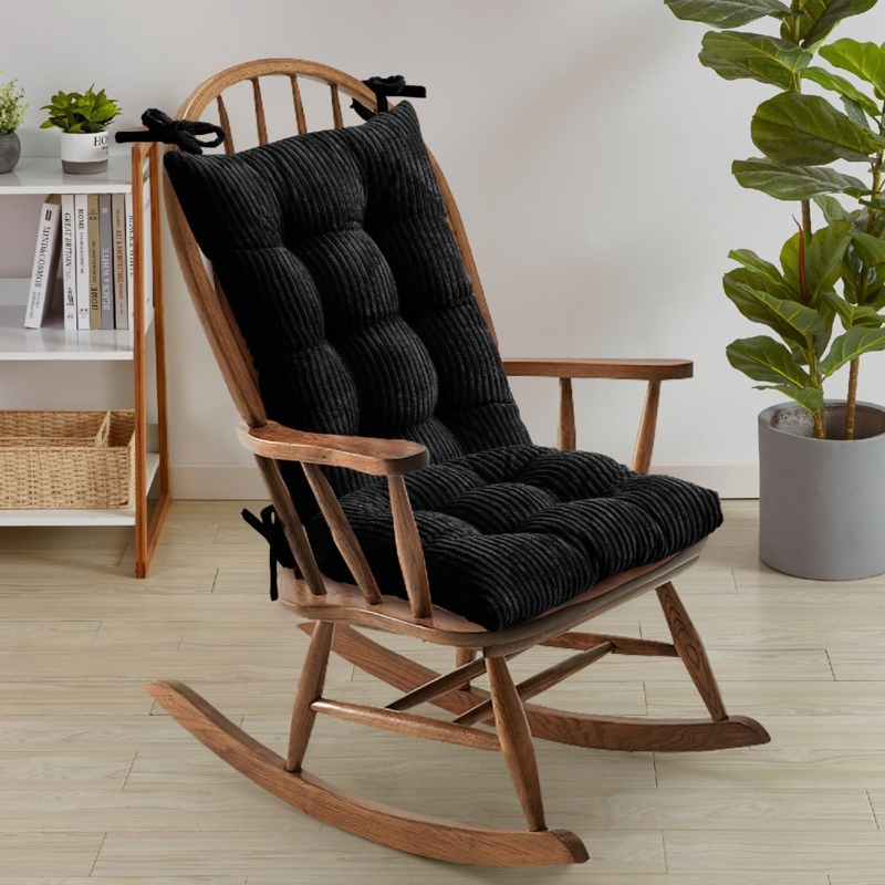 Chair Pads Black Velvet Ribbed Texture Tufted Design Two Piece Set