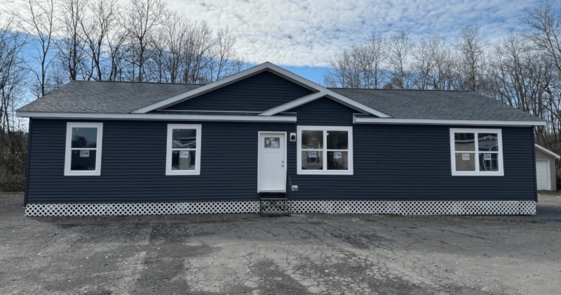 Charcoal Blue Modular Home Exterior with Double Gabled Roofline