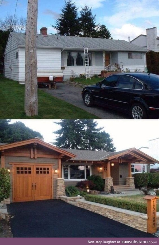 Charcoal Gray Painted Brick House with Wood Columns and Gable Siding