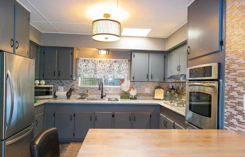 Charcoal Gray Shaker Cabinets with Butcher Block Island